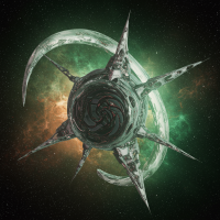 A dark, intricate, spiked object with an undefined shape hovers in space before a green and orange glowing celestial body, conveying an eerie and unknowable presence.