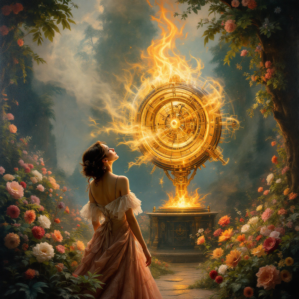 A woman in a flowing dress stands in a lush garden, gazing at a golden, fiery clock emerging from a fountain, evoking the quote about an impending cataclysm.