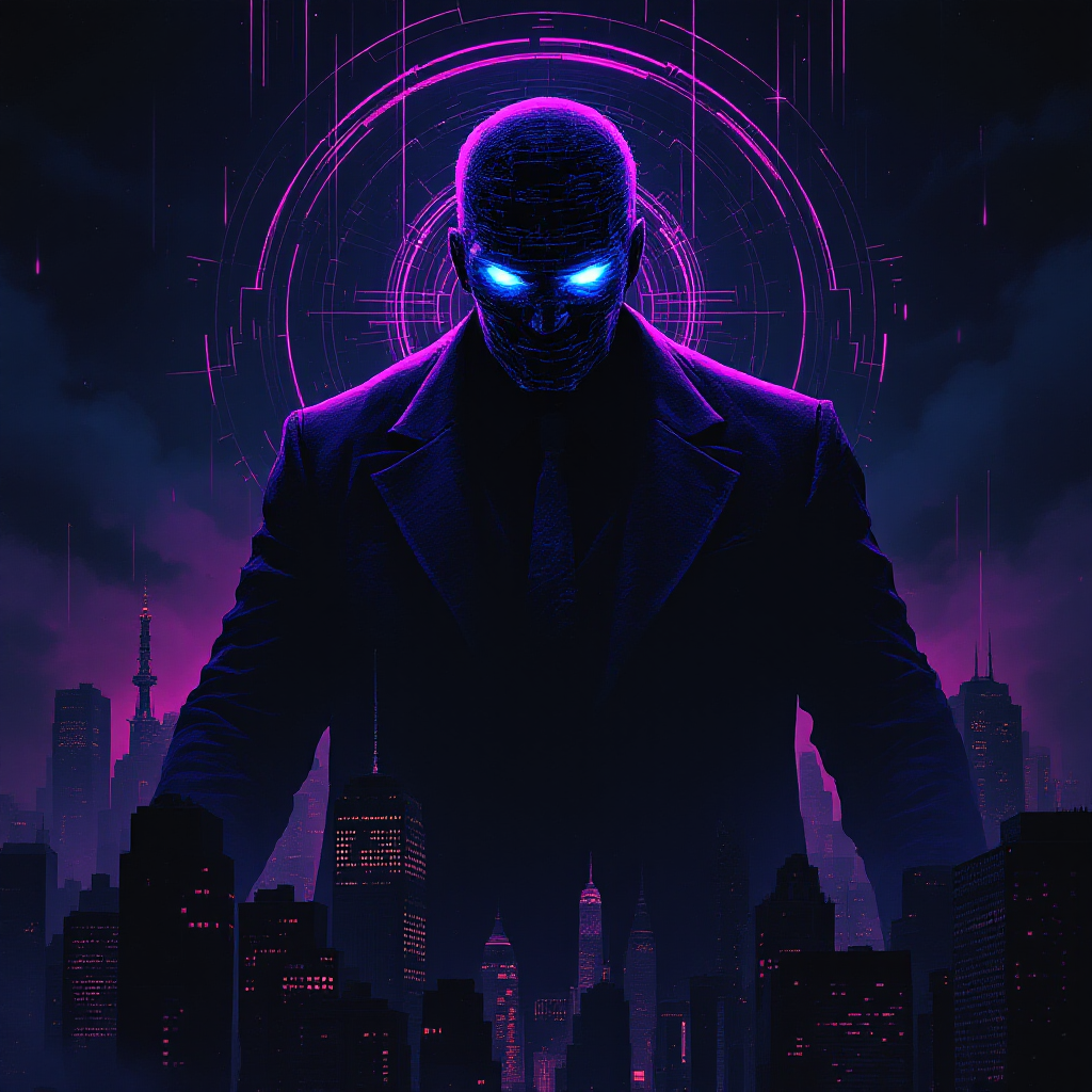 A shadowy figure in a suit with glowing blue eyes looms over a futuristic cityscape, evoking the phrase Big Brother is Watching You in a dark, neon atmosphere.