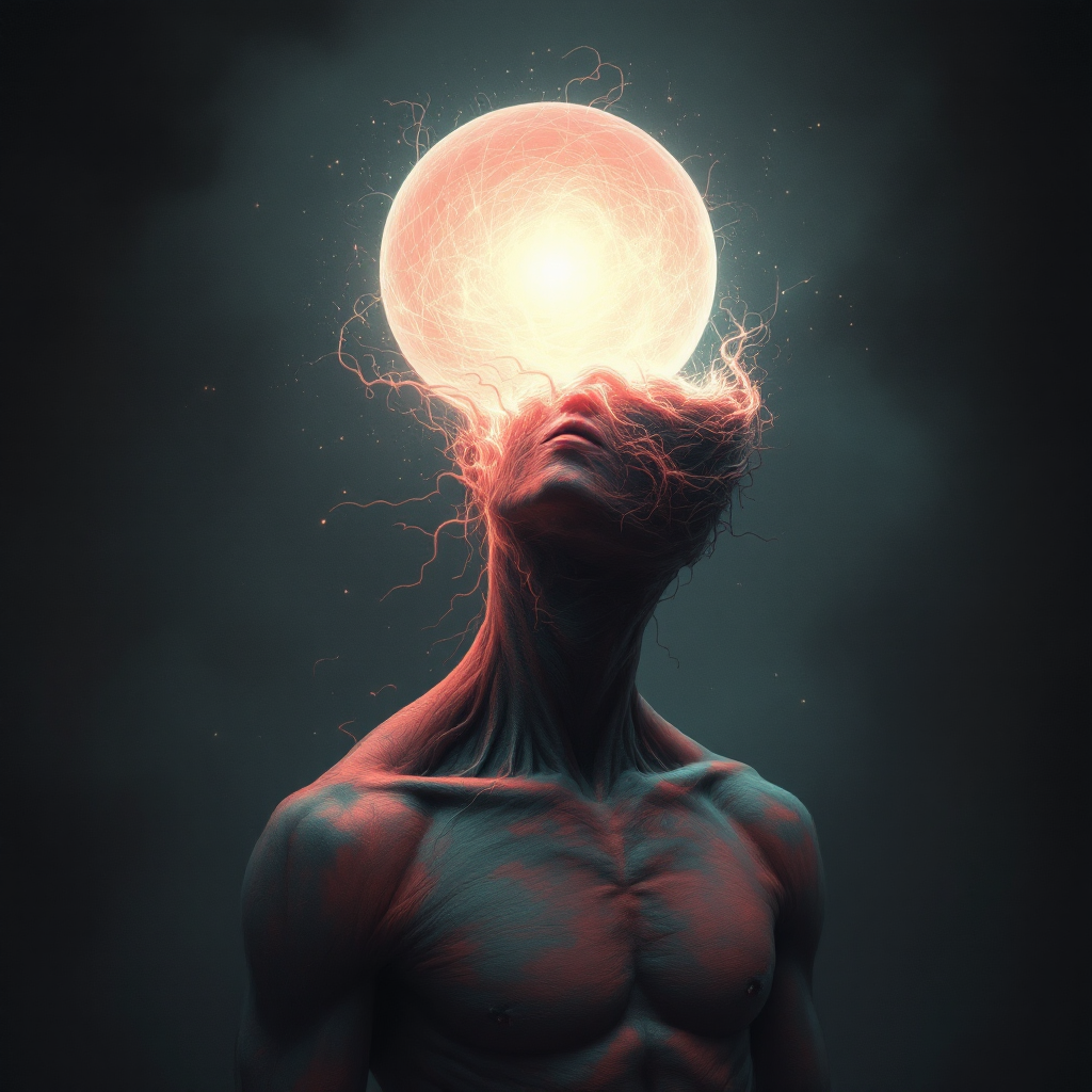 A muscular figure with an ethereal glowing orb above its head symbolizes the struggle between the mind's commands and its internal resistance, set against a dark, dramatic background.