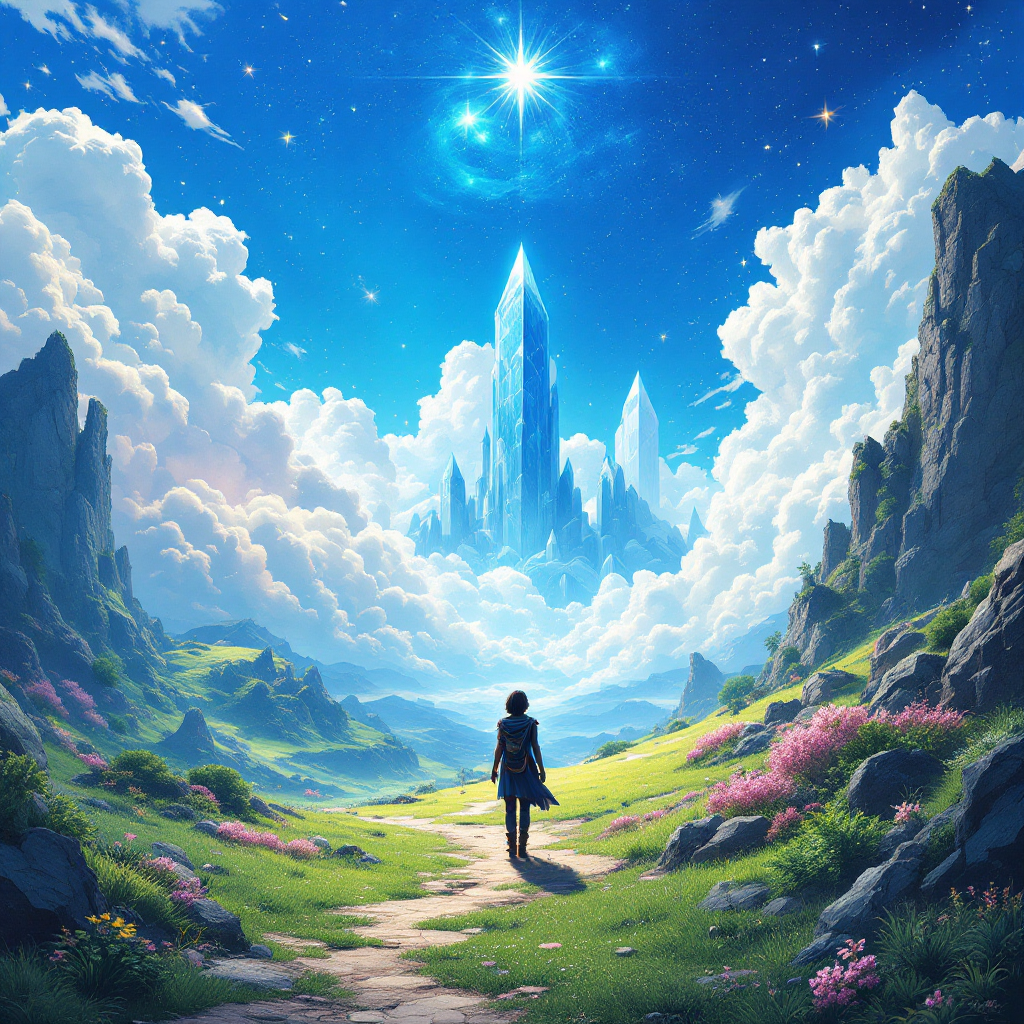 A figure stands on a winding path, gazing towards a fantastical landscape filled with towering crystal formations, vibrant flowers, and a starry sky, embodying the dreamlike nature of the virtual world.