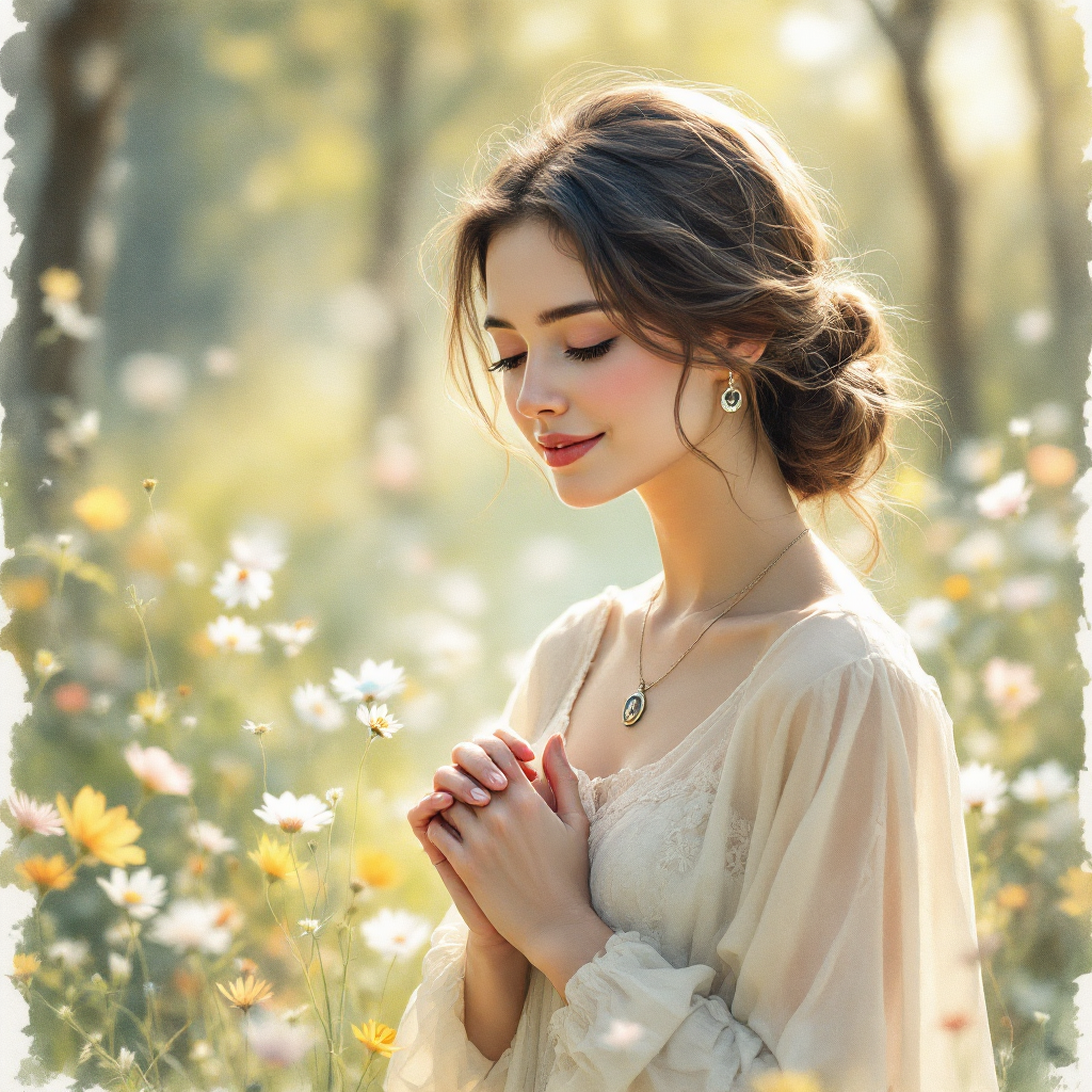 A young woman stands in a sunlit field of flowers, smiling gently with her hands clasped together, embodying moments of joy amidst serene beauty and tranquility.