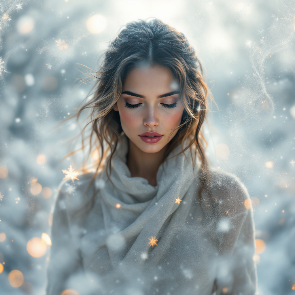 A serene woman stands amidst a snowy landscape, her contemplative expression embodying the courage to act despite fear, illuminated by soft, glowing lights and falling snowflakes.