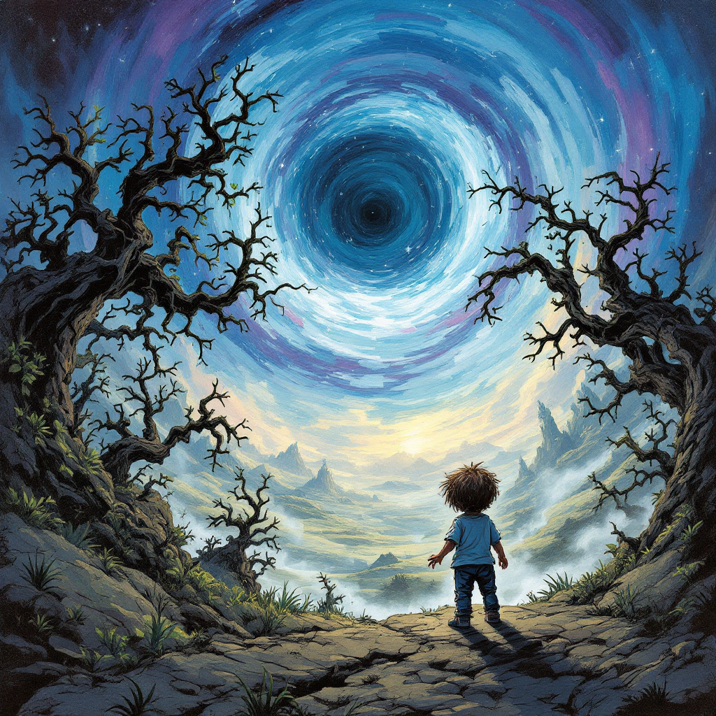 A young child stands at a rocky path, gazing up at a swirling, star-filled vortex in the sky, surrounded by twisted trees, embodying the quote about the mind's shadows and dreams.