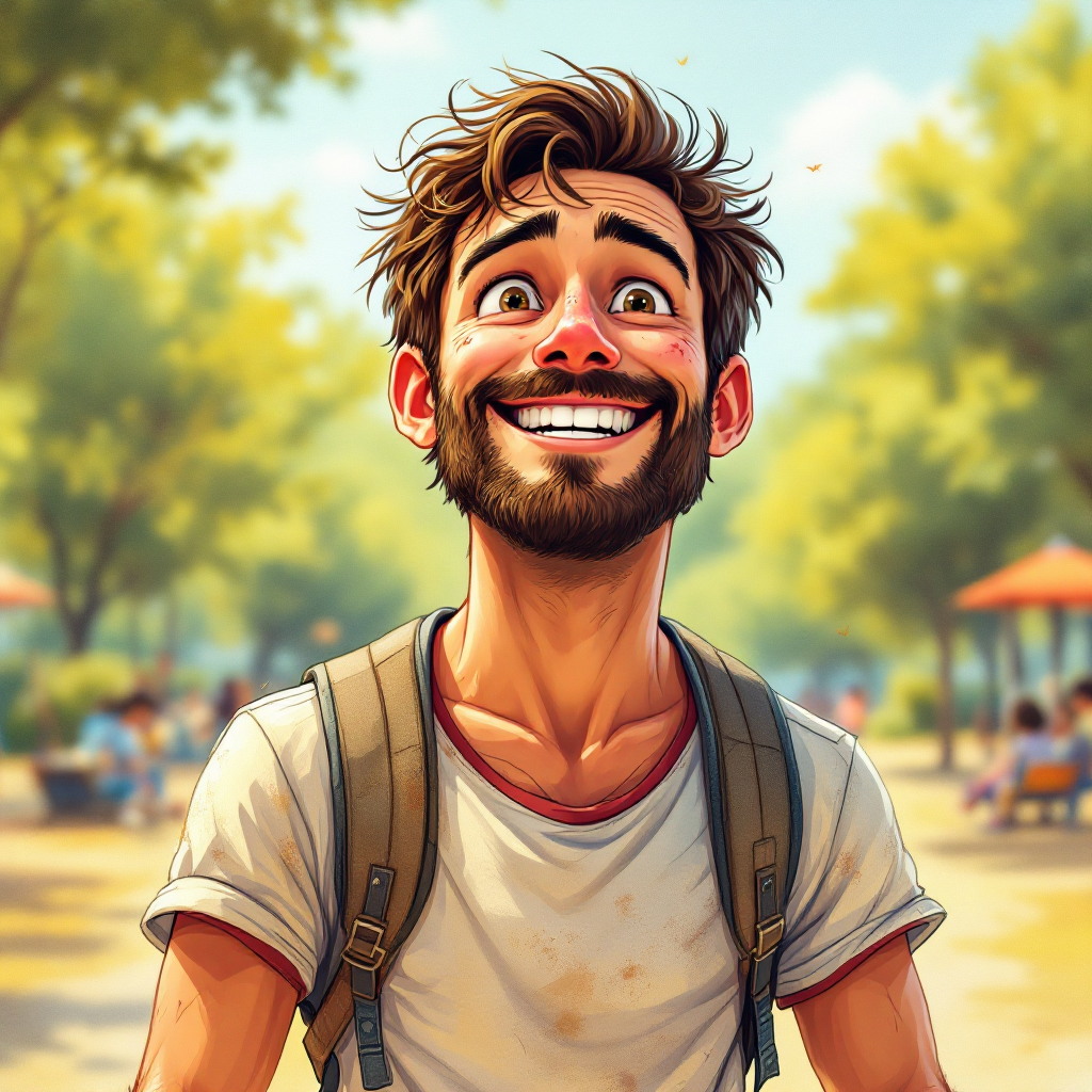 A cheerful young man with tousled hair and a backpack smiles brightly, embodying the playful spirit of a hidden child, set in a vibrant park with greenery and distant laughter.