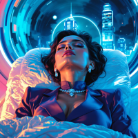 A woman in elegant attire rests in a futuristic cocoon, surrounded by vibrant blue and pink lights, embodying the image of a sleeping princess in temporal stasis.