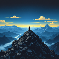 A figure sits atop a mountain peak, gazing at a breathtaking landscape of valleys and distant peaks under a serene twilight sky, embodying the quote about self-overcoming.