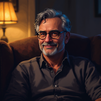 A middle-aged man with silver hair and glasses sits comfortably in an armchair, smiling softly in a warmly lit room, embodying a comforting yet detached presence.