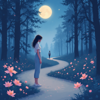 A woman stands on a path in a moonlit forest, gazing at a figure walking away, surrounded by flowers, embodying the sentiment: You can love someone and still walk away.