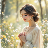 A young woman stands in a sunlit field of flowers, smiling gently with her hands clasped together, embodying moments of joy amidst serene beauty and tranquility.