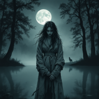 A solitary figure stands by a misty pond under a full moon, embodying the wild spirit of those mad to live, surrounded by dark trees and a haunting atmosphere.