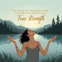 A serene image of a woman standing by a calm lake, arms raised in openness, with mountains in the background and the quote about strength and love elegantly displayed above her.