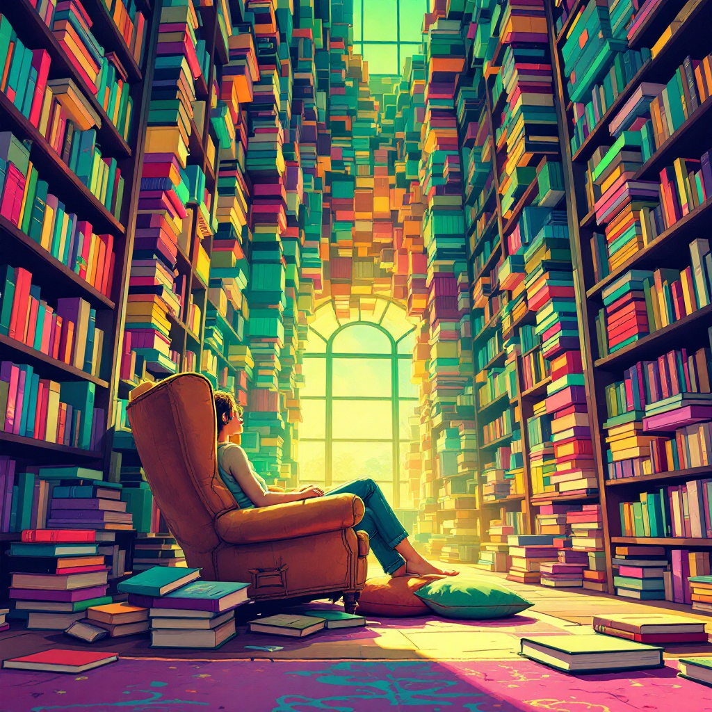 A person sits in a cozy armchair surrounded by towering bookshelves, basking in sunlight, embodying the quote about literature expanding our world and connecting us through stories.