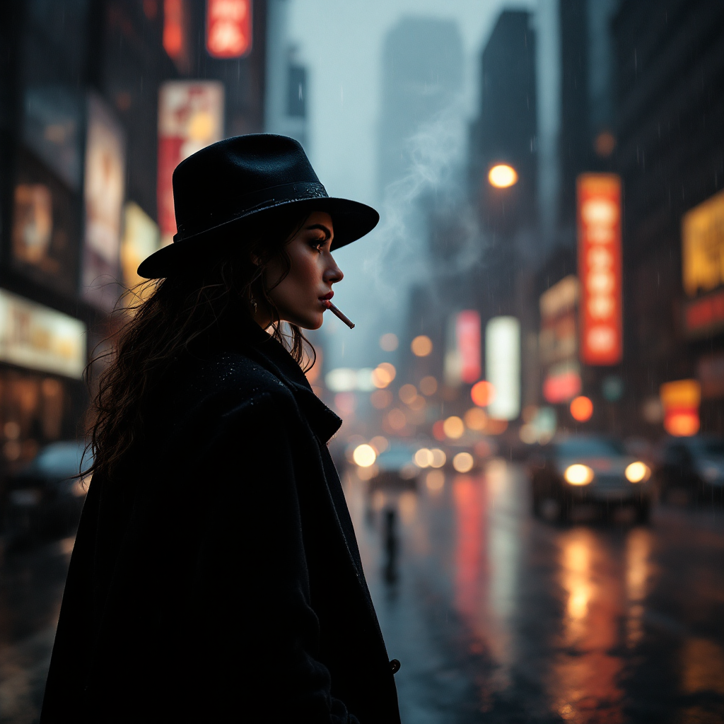 A contemplative figure in a hat stands in a rain-soaked city street, smoke curling from a cigarette, embodying the idea that moments lead to the next in a vibrant, bustling backdrop.