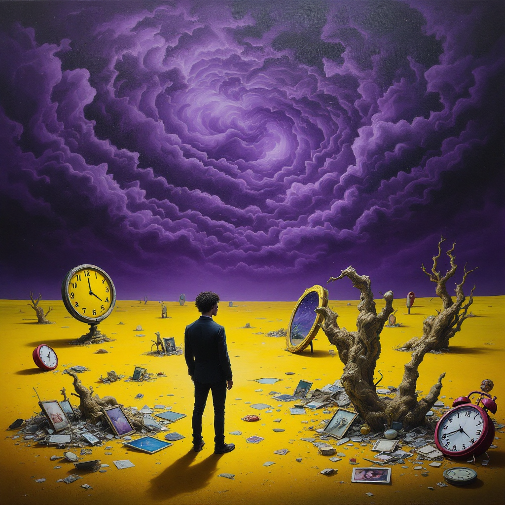 A figure stands in a surreal, desolate landscape under a swirling purple sky, surrounded by clocks, barren trees, and scattered photographs, embodying the theme of self-created illusions.