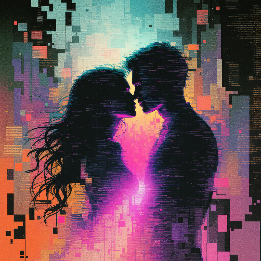 A vibrant, digital silhouette of a couple about to kiss, surrounded by a colorful, pixelated background, embodies the quote about love's defiance against the world's tyranny.