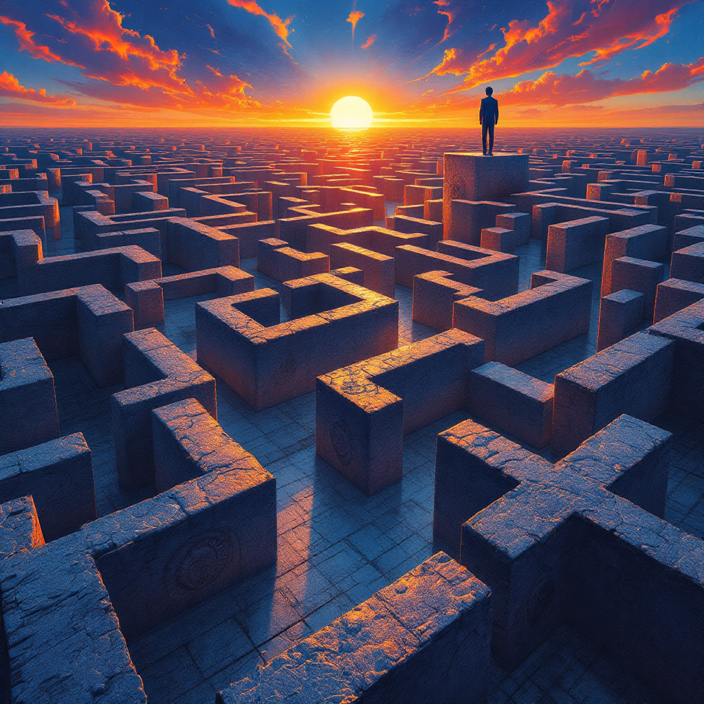 A solitary figure stands atop a pedestal overlooking a vast, intricate maze at sunset, symbolizing the challenge of navigating life's complexities, much like rats in a test.