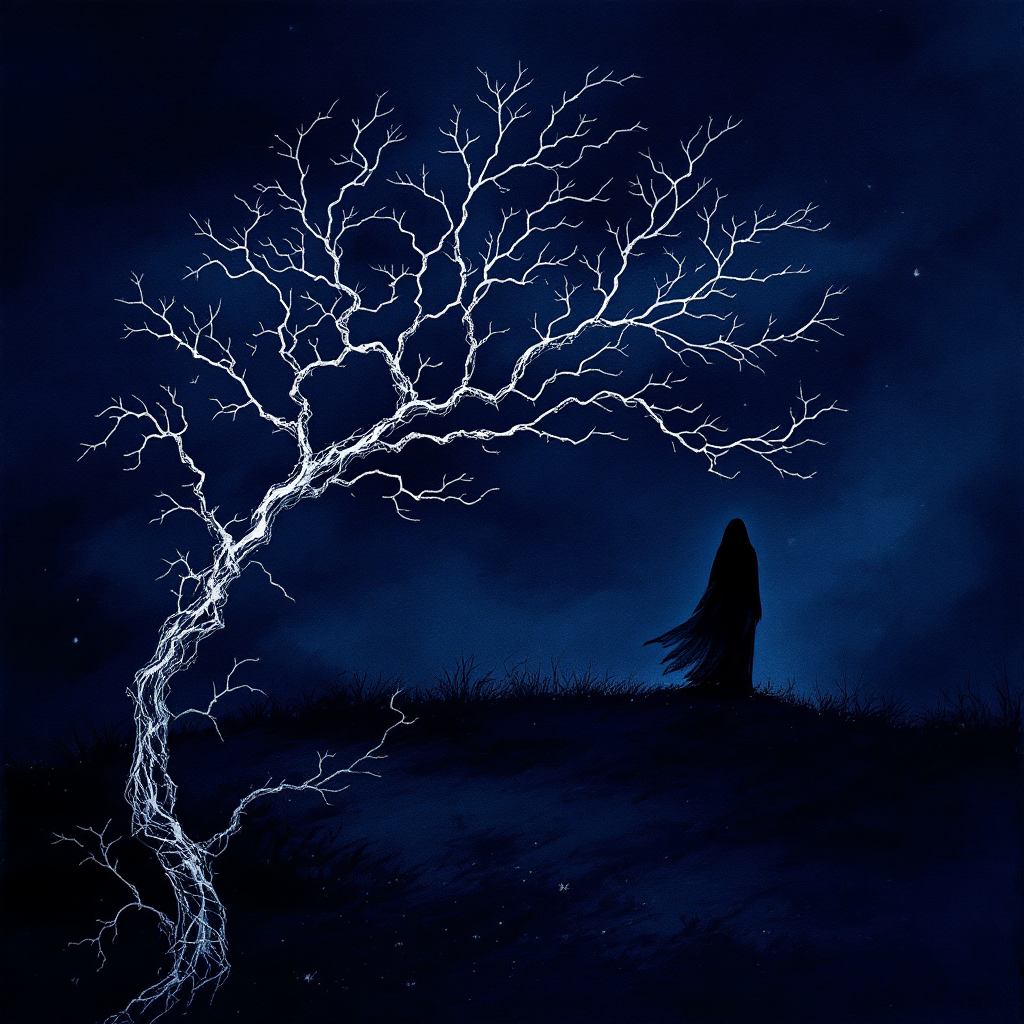 A silhouetted figure stands on a dark hillside, surrounded by a stark, gnarled tree, illustrating the thin line between good and evil under a night sky.