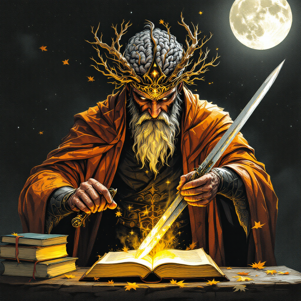 A wise figure with a crown of branches sharpens a glowing sword on an open book under a full moon, embodying the quote about the critical role of books in sharpening the mind.