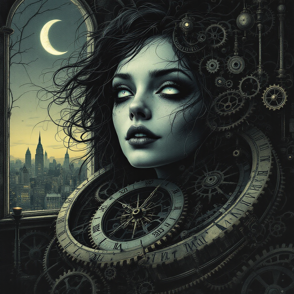 A mystical figure with pale skin and glowing eyes is framed by mechanical gears, set against a twilight cityscape and crescent moon, embodying the themes of destiny and fate.