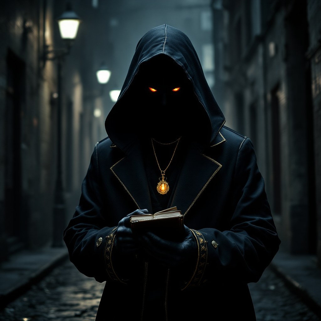 A cloaked figure stands in a dimly lit alley, holding an ancient book. Their glowing eyes and pendant add a mystical touch, embodying the quote about ownership and identity.