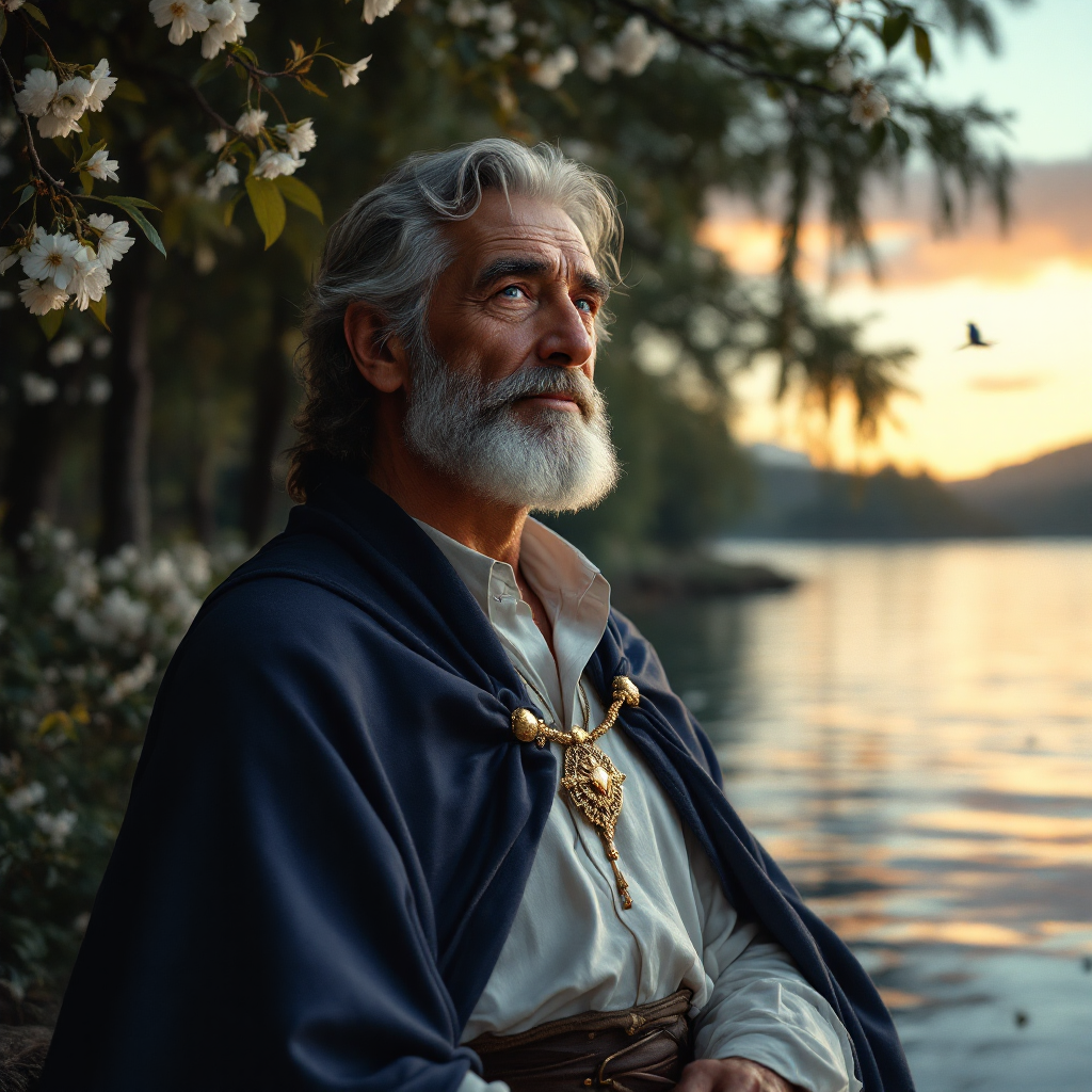 A contemplative man with a silver beard gazes thoughtfully at a tranquil lake, surrounded by blooming flowers, embodying the quote about embracing life fully rather than fearing death.