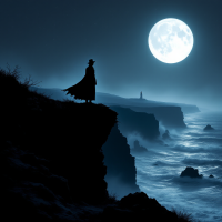 A silhouetted figure in a cape stands on a rocky cliff under a full moon, gazing out over misty waves, evoking themes of heritage and destiny.