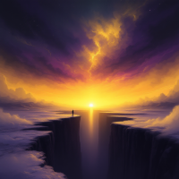 A silhouette of a figure stands at the edge of a deep chasm, surrounded by dramatic clouds and a vibrant sunset, symbolizing the profound abyss of loneliness.