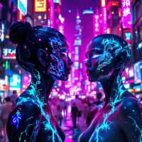 Two humanoid figures with glowing, intricate body art face each other amidst a vibrant, neon-lit urban environment, embodying themes of alien communication and coexistence.