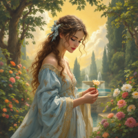 A young woman in a flowing blue gown stands amidst vibrant flowers, holding a rose, with a serene fountain and sunlit trees in the background, embodying confidence and perseverance.