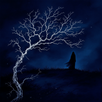 A silhouetted figure stands on a dark hillside, surrounded by a stark, gnarled tree, illustrating the thin line between good and evil under a night sky.