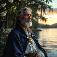 A contemplative man with a silver beard gazes thoughtfully at a tranquil lake, surrounded by blooming flowers, embodying the quote about embracing life fully rather than fearing death.