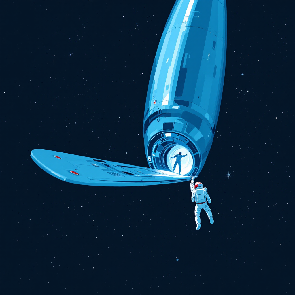 An astronaut clings to a spaceship's hatch, peering into a dark space beyond, evoking a blend of curiosity and unease as a mysterious knock echoes in the void.