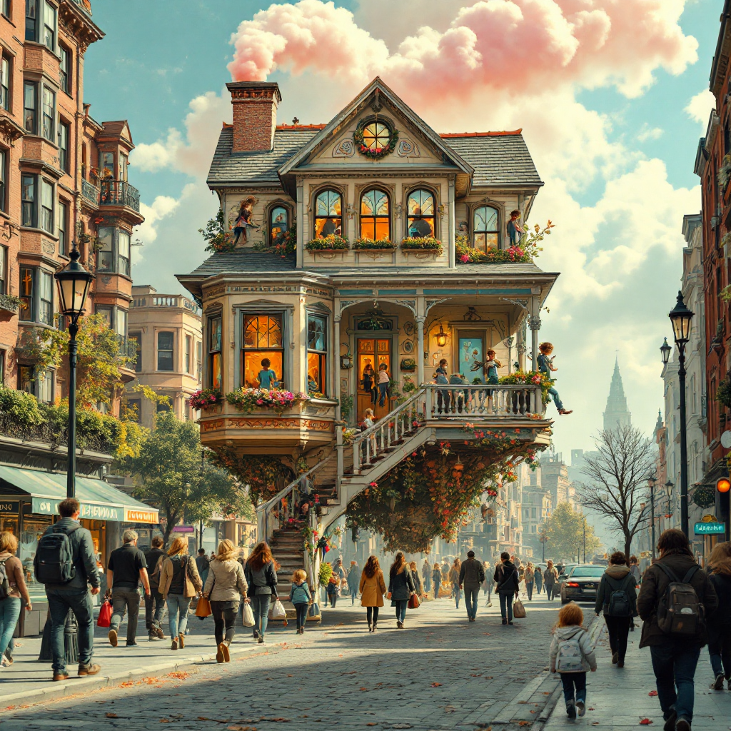 A whimsical street scene features a large, elevated house with ornate details and balconies, surrounded by people going about their day, illustrating the acceptance of the extraordinary in everyday life.