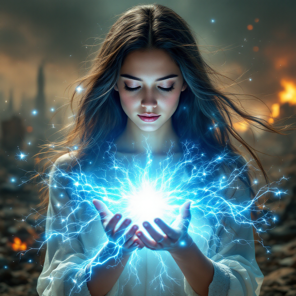 A young woman stands amidst a dystopian landscape, cradling a glowing orb of energy in her hands, embodying the duality of hope as both a resource and a weapon.