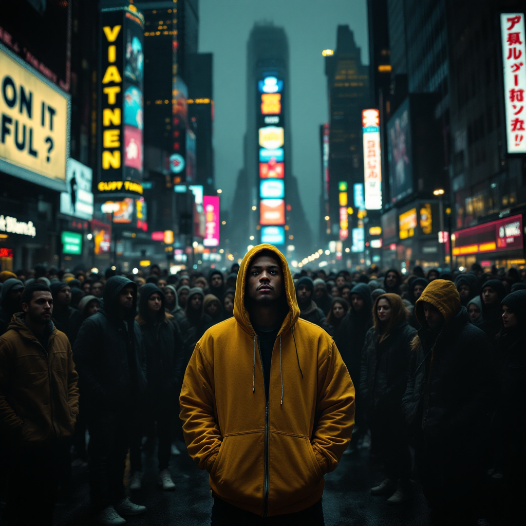 A lone figure in a yellow jacket stands amid a large, shadowy crowd in Times Square, illuminated by vibrant billboards, embodying the struggle against conflicting thoughts.