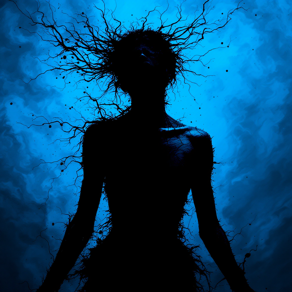 A silhouetted figure stands surrounded by dark, tangled lines against a blue background, embodying the complex anguish and pain of madness.