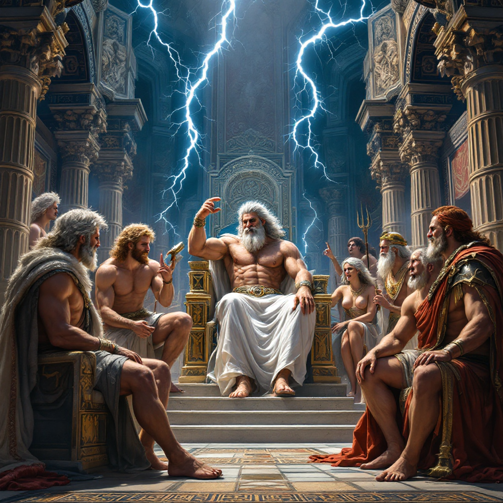 A dramatic scene of Greek gods gathered around Zeus on his throne, with electricity crackling in the air, embodying the idea that even deities possess a sense of humor.