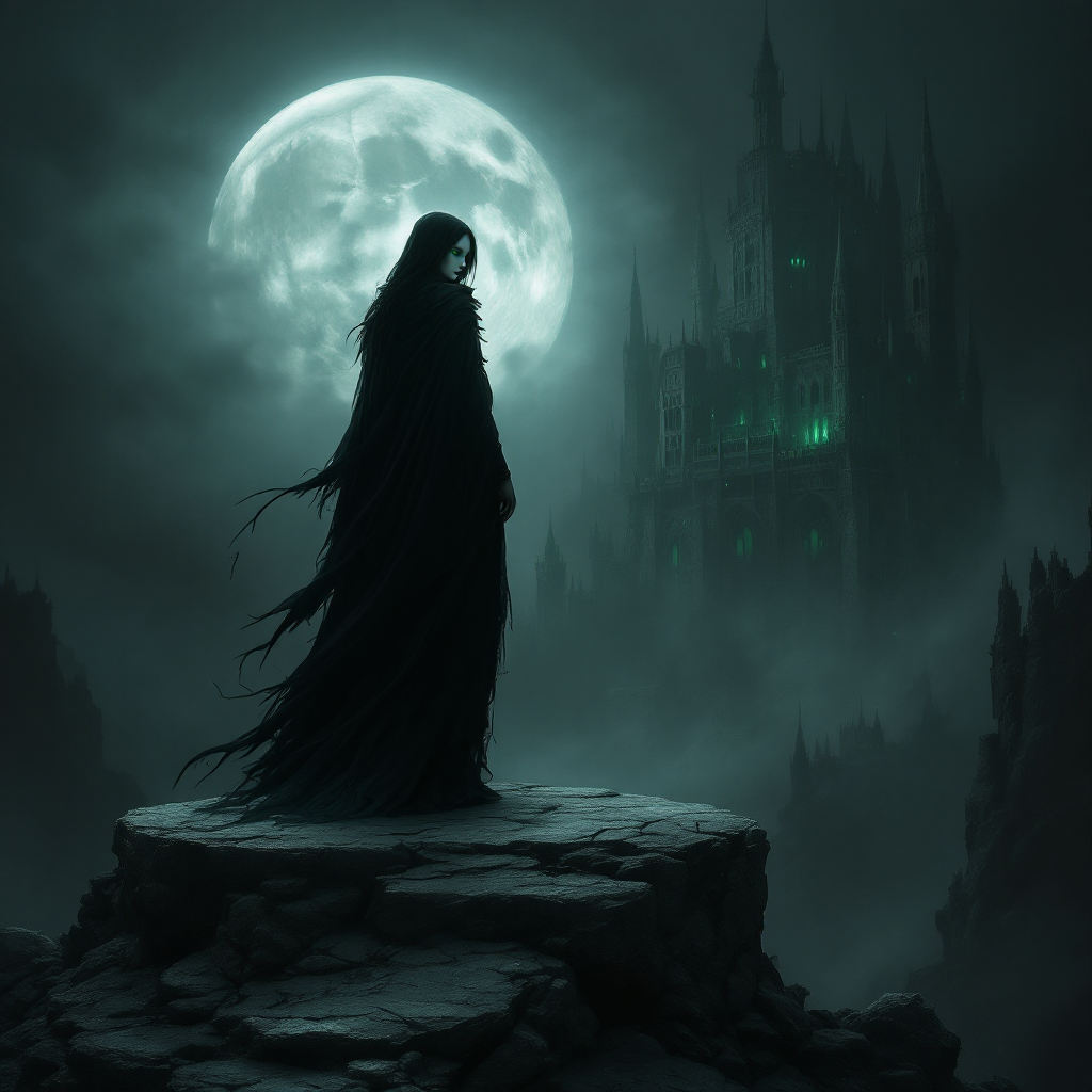 A mysterious figure cloaked in shadows stands atop a rocky outcrop, gazing at a dark castle illuminated by a haunting moon, evoking the idea that every shadow carries a hidden story.