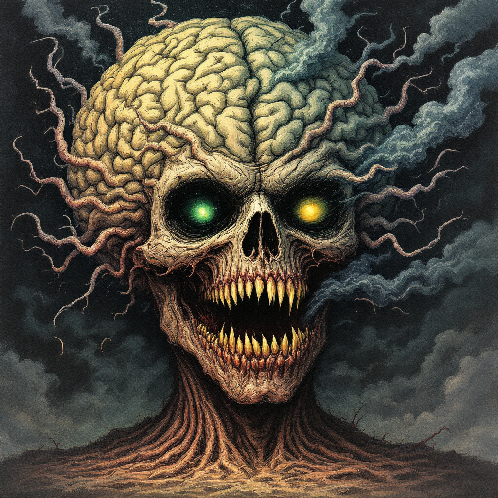 A grotesque skull with glowing eyes and a brain-like structure emerges from a dark, smoky background, embodying the terrifying potential of the mind's darker aspects.