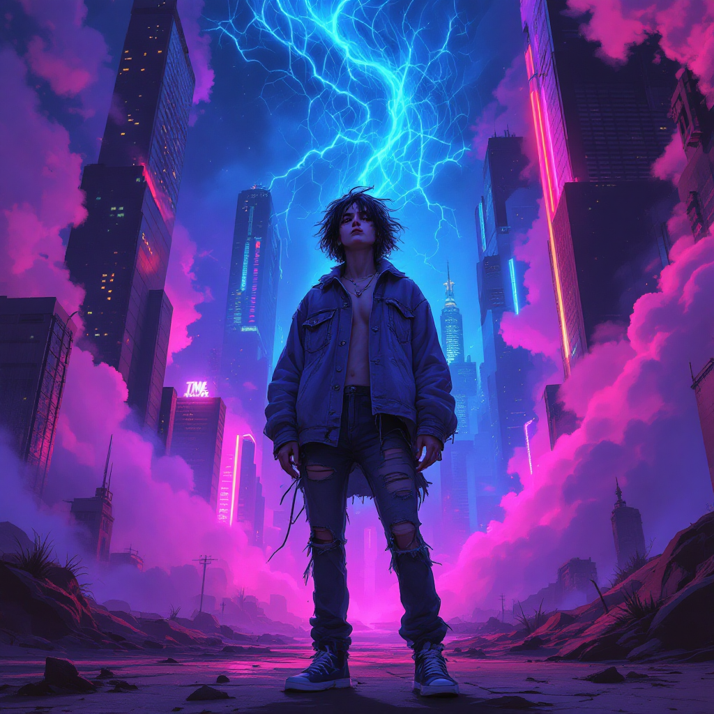 A figure stands in a vibrant, neon-lit cityscape, facing stormy skies with lightning, embodying the struggle of accepting the past as depicted in the quote about irretrievable moments.