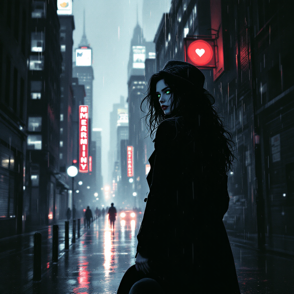 A woman stands under a rain-soaked city street, looking back over her shoulder. Neon lights glow with a heart symbol, embodying the quote about the inescapable nature of the heart.