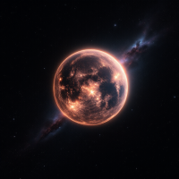 A glowing, fiery planet surrounded by cosmic wisps against a backdrop of deep space, symbolizing exploration and the pursuit of knowledge about the universe.