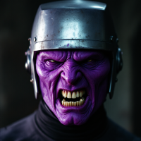 A fierce purple face contorted in anger, wearing a crushed metallic helmet that bends ear antennae, with a distorted mouth showing blade-like gums and a menacing expression.