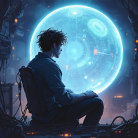 A young man sits in a futuristic environment, gazing intently at a glowing blue sphere that represents the unisphere, embodying his deep connection to the digital world.