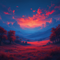 A vibrant sunset illuminates a serene valley, casting deep reds and purples over the landscape, reflecting the idea that while moments change, our responses shape their meaning.