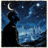 A figure gazes up at a starry night sky, surrounded by a city skyline. A crescent moon illuminates the scene, symbolizing the interplay between human perception and the vast universe.