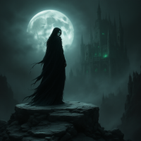 A mysterious figure cloaked in shadows stands atop a rocky outcrop, gazing at a dark castle illuminated by a haunting moon, evoking the idea that every shadow carries a hidden story.