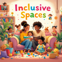 A joyful family enjoys storytime together on a cozy sofa, surrounded by playful children and colorful toys, exemplifying an inclusive space for young parents and their families.