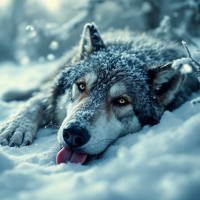 A wolf lies in the snow, its fur dusted with frost, embodying the solitude of winter highlighted by the quote: When the snows fall... the lone wolf dies, but the pack survives.